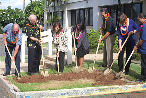 From left: Neil Hannahs, former PBS Hawaii Board Chair; Robbie Alm, current PBS Hawaii Board Chair; Leslie Wilcox, PBS Hawaii President and CEO; Victoria Cuba, HIKI NO graduate; Cameron Nekota, PBS Hawaii Board Facilities Chair; Sheryl Seaman, architect; Justin Izumi, Allied Builders System.