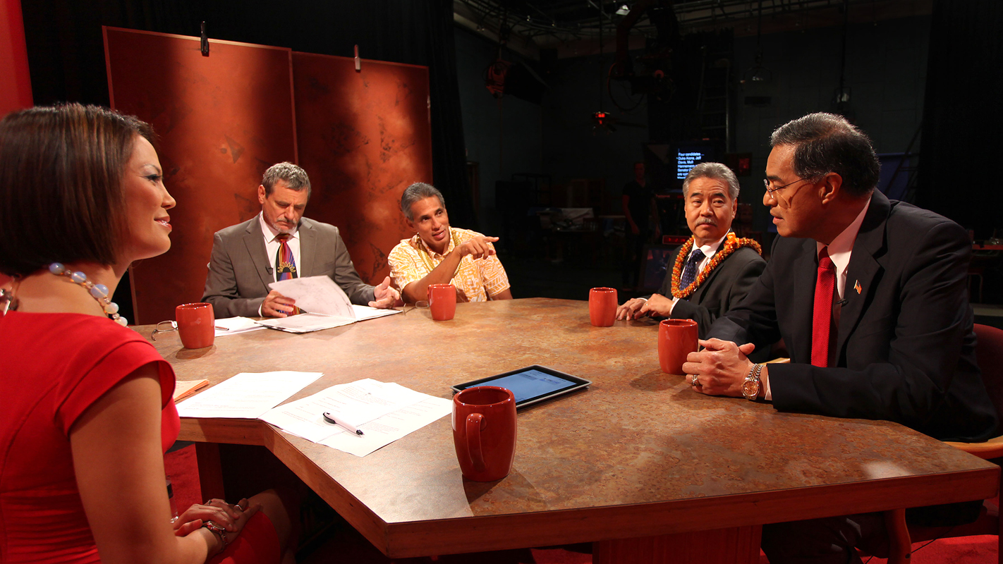 Mahealani Richardson, Jeff Davis, Duke Aiona, David Ige, and Mufi Hannemann debate on the show.