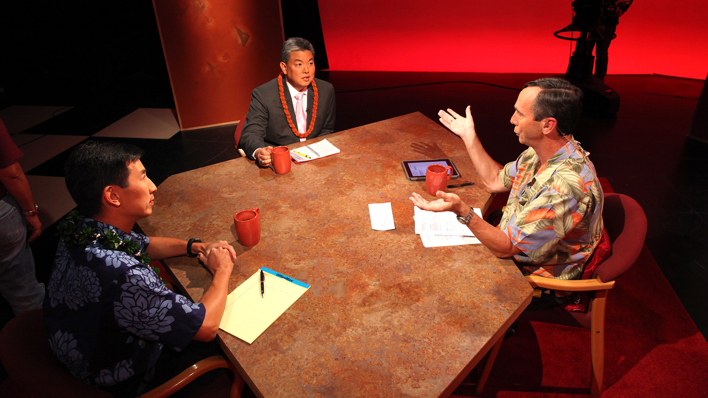Charles Djou (R), Mark Takai (D), and moderator Daryl Huff on Insights on PBS Hawaii.