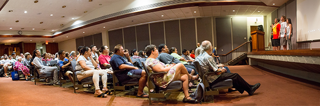 Kumu Hinaleimoana Wong-Kalu offers an opening oli at the local premiere of INDEPENDENT LENS: Kumu Hina April 21st, at the Hawaii State Capitol Auditorium.