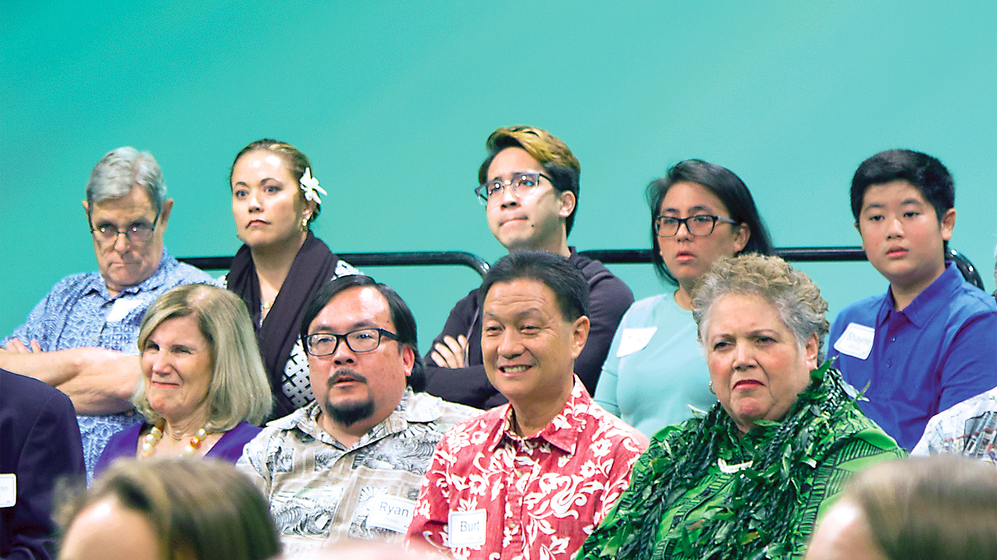 Participants at KĀKOU - Hawai‘iʻs Town Hall: Top row: Jim Dooley, Ulalia Woodside, Sean-Joseph Choo, Tracy Alambatin, Shayne Shibuya | Bottom row: Denby Fawcett, Ryan Ozawa, Burt Lum, Ku‘uipo Kumukahi