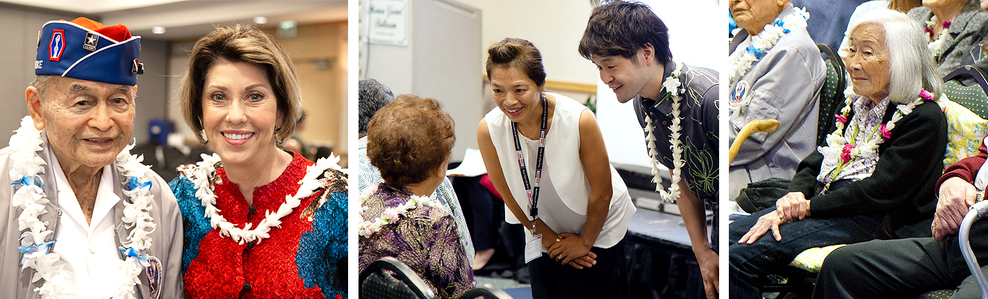 Left image: Decorated war veteran Yasunori Deguchi told me he’s always mindful of the fallen soldiers. Center image: Film director Yoichiro Sasagawa (right) greets Laura Miho (seated), widow of veteran/lawmaker “Kats” Miho. Right image: Taeko Ishikawa lost her husband George, her brother Kazuo and her cousin Tsugio in WWII.