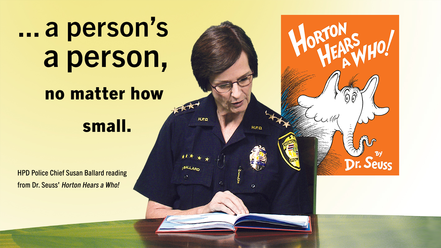 HPD Police Chief Susan Ballard reading from Dr. Seuss’ Horton Hears a Who!