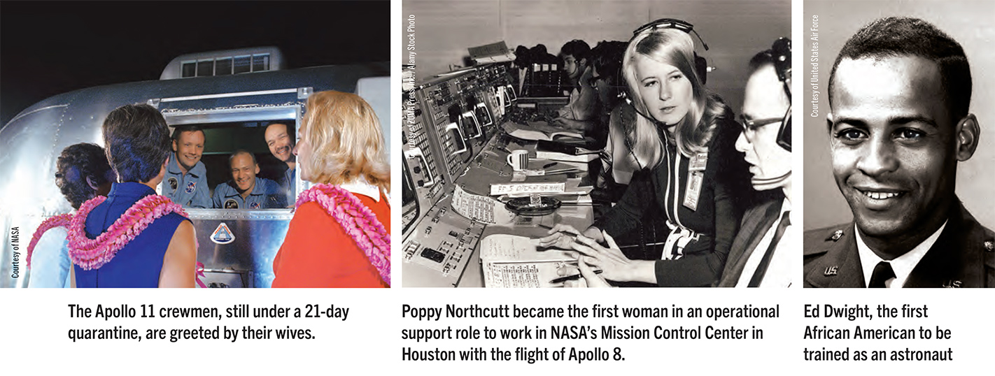 (Left) The Apollo 11 crewmen, still under a 21-day quarantine, are greeted by their wives. (Center) Poppy Northcutt became the first woman in an operational support role to work in NASA’s Mission Control Center in Houston with the flight of Apollo 8. (Right) Ed Dwight, the first African American to be trained as an astronaut