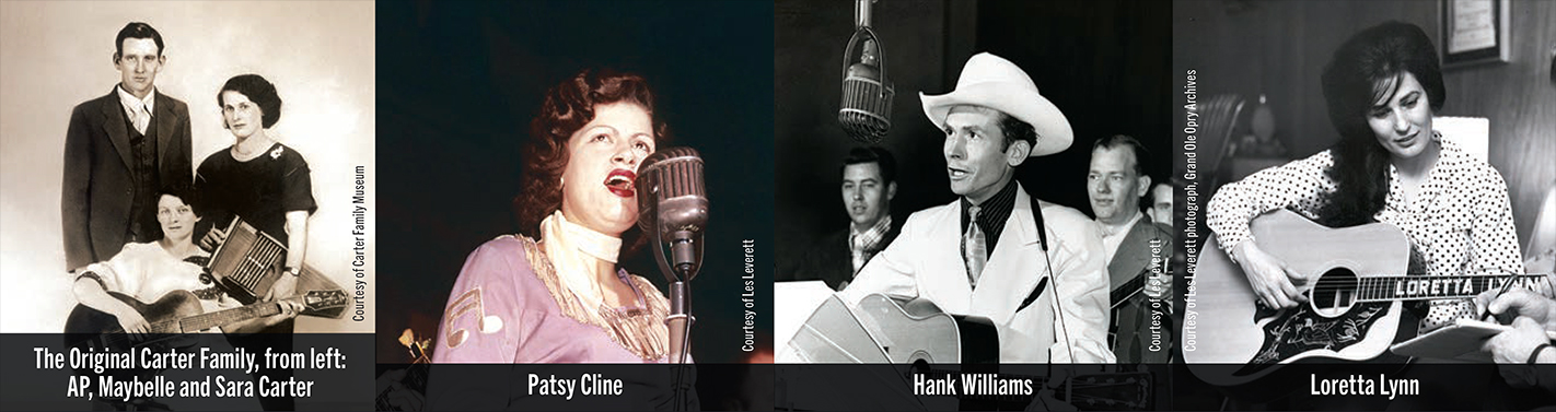 Country music artists, left to right: The Original Carter Family L-R AP, Maybelle and Sara Carter, Patsy Cline, Hank Williams, Loretta Lynn