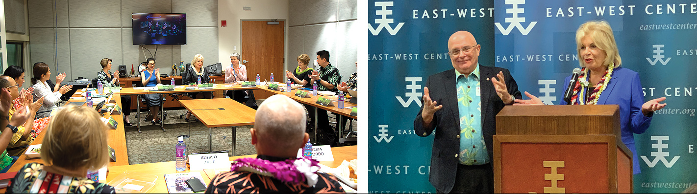 (Left) Updating the PBS Hawaiʻi Board on national initiatives. (Right) Taking the podium with East-West Center chief executive Richard Vuylsteke.