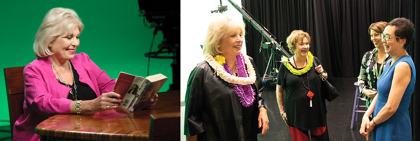 (Left) Getting ready for GET CAUGHT READING, PBS Hawaiʻi’s new read-aloud program. Her book? A Tree Grows in Brooklyn. (Right) With Miriam Hellreich, a Board Member of the Corporation for Public Broadcasting and Hawai‘i resident; Leslie; and PBS Hawaiʻi’s Board Chair Joanne Lo Grimes