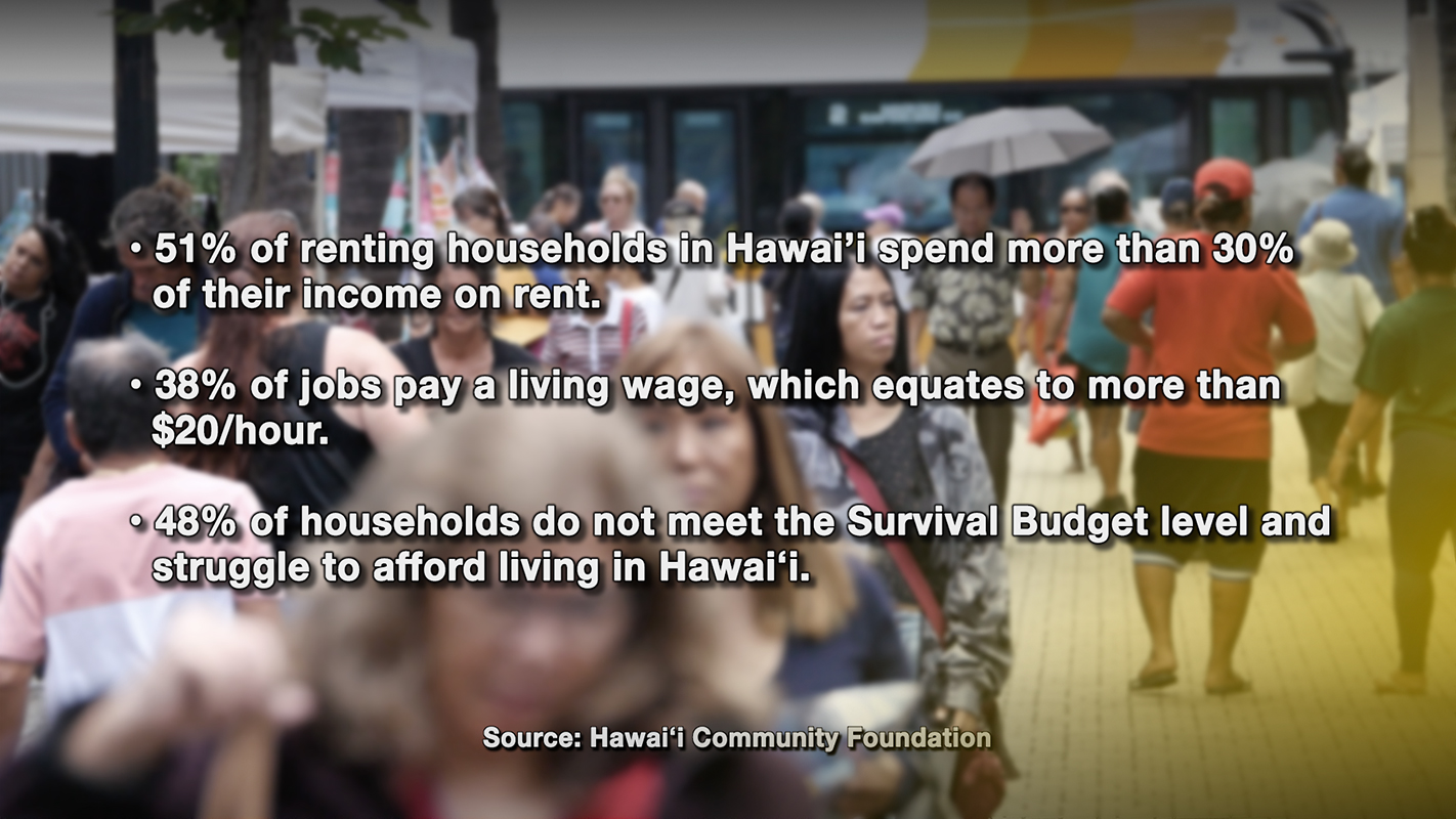 · 51% of renting households in Hawai’i spend more than 30% of their income on rent. · 38% of jobs pay a living wage, which equates to more than $20/hour. · 48% of households do not meet the Survival Budget level and struggle to afford living in Hawaiʻi (Source: Hawaiʻi Community Foundation)