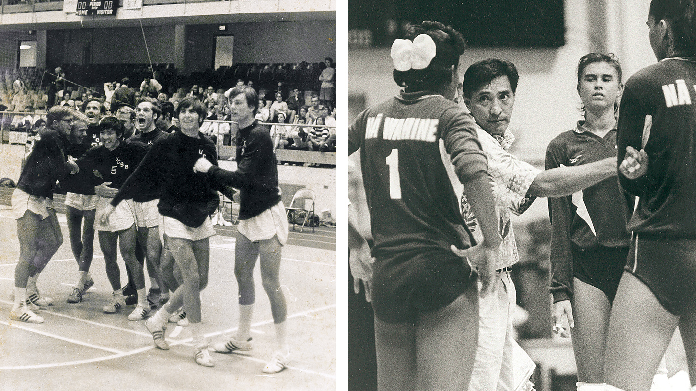 Left: Shoji (center) in 1969 in Knoxville, Tennessee with the UC Santa Barbara volleyball team after winning the national title against UCLA. Right: Shoji in 1994 coaching the UH Wahine volleyball team