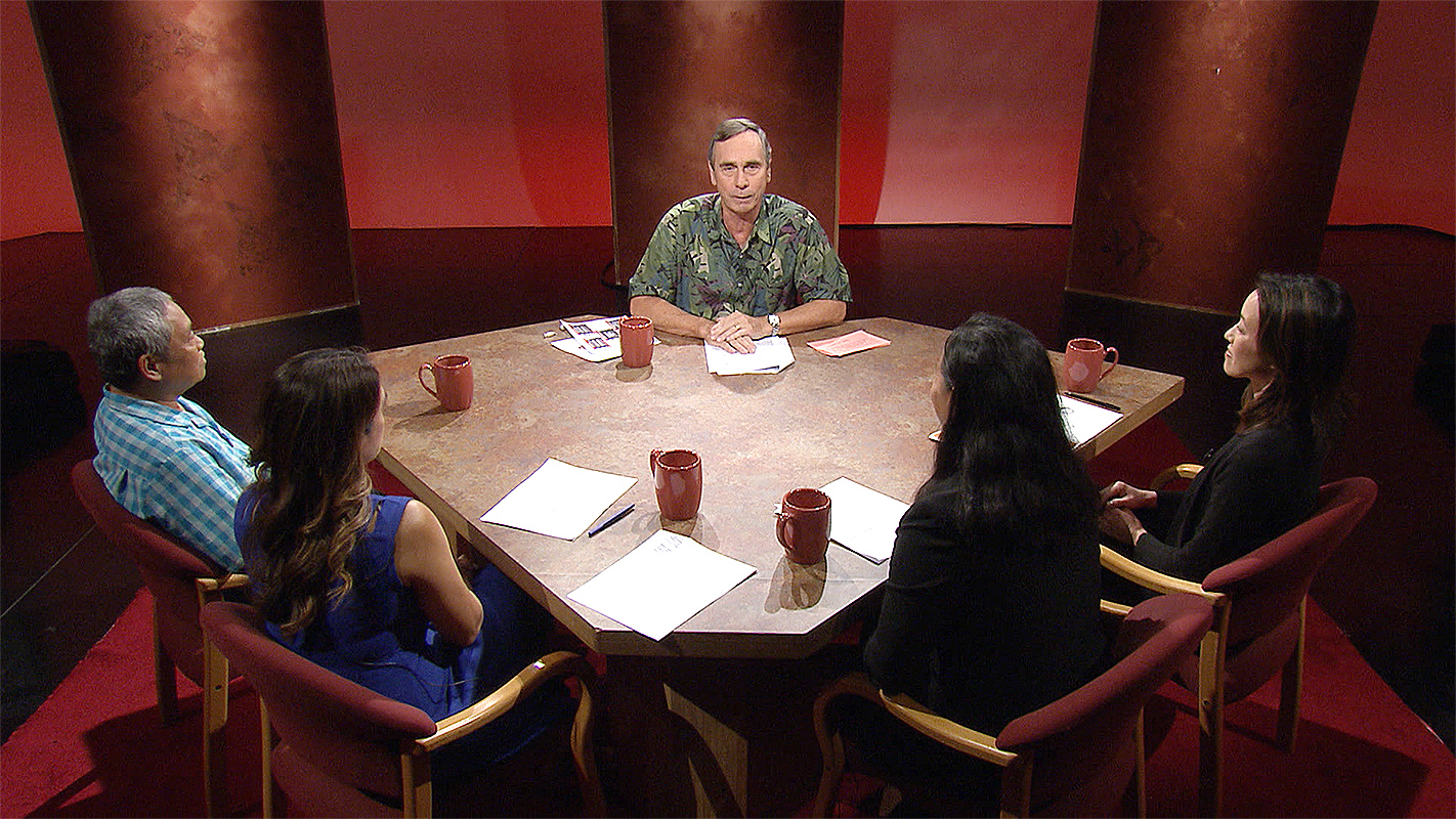 The evolution of the INSIGHTS ON PBS HAWAI‘I seating arrangement: The original one-table set-up, from February; the “V” configuration, from March 19; the individual tables, with one guest via computer screen, from April 16