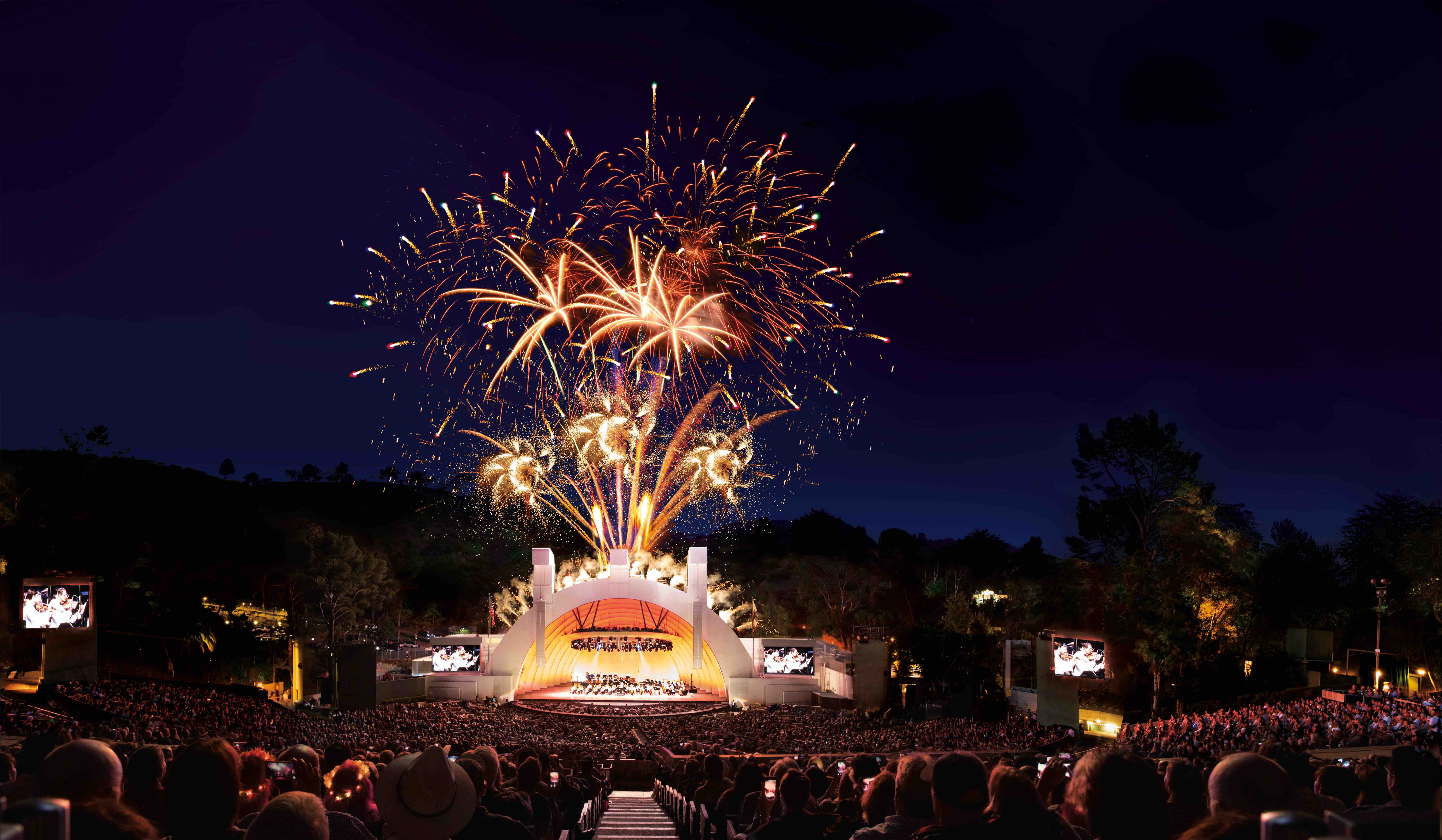 Hollywood Bowl shell with fireworks on July 4, 2014. Photo by Adam Latham.