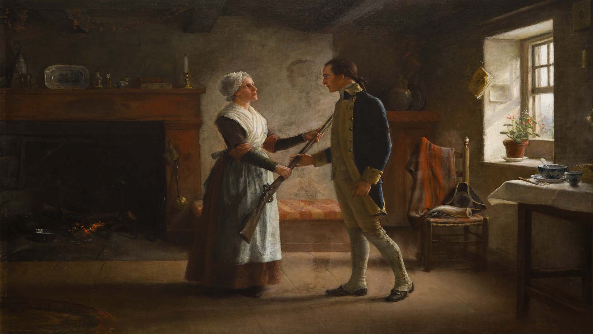 A revolutionary soldier bidding farewell to his wife; By: Jennie Augusta Brownscombe.