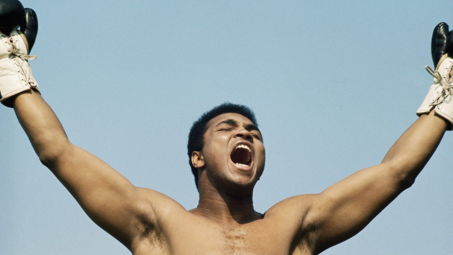 World Heavyweight boxing champion Muhammad Ali raises his arms and shouts during training on 10 July 1972 for his fight with Al 'Blue' Lewis held at Croke Park in Dublin, Republic of Ireland.Visions of Sport. (Photo by Don Morley/Allsport/Getty Images)