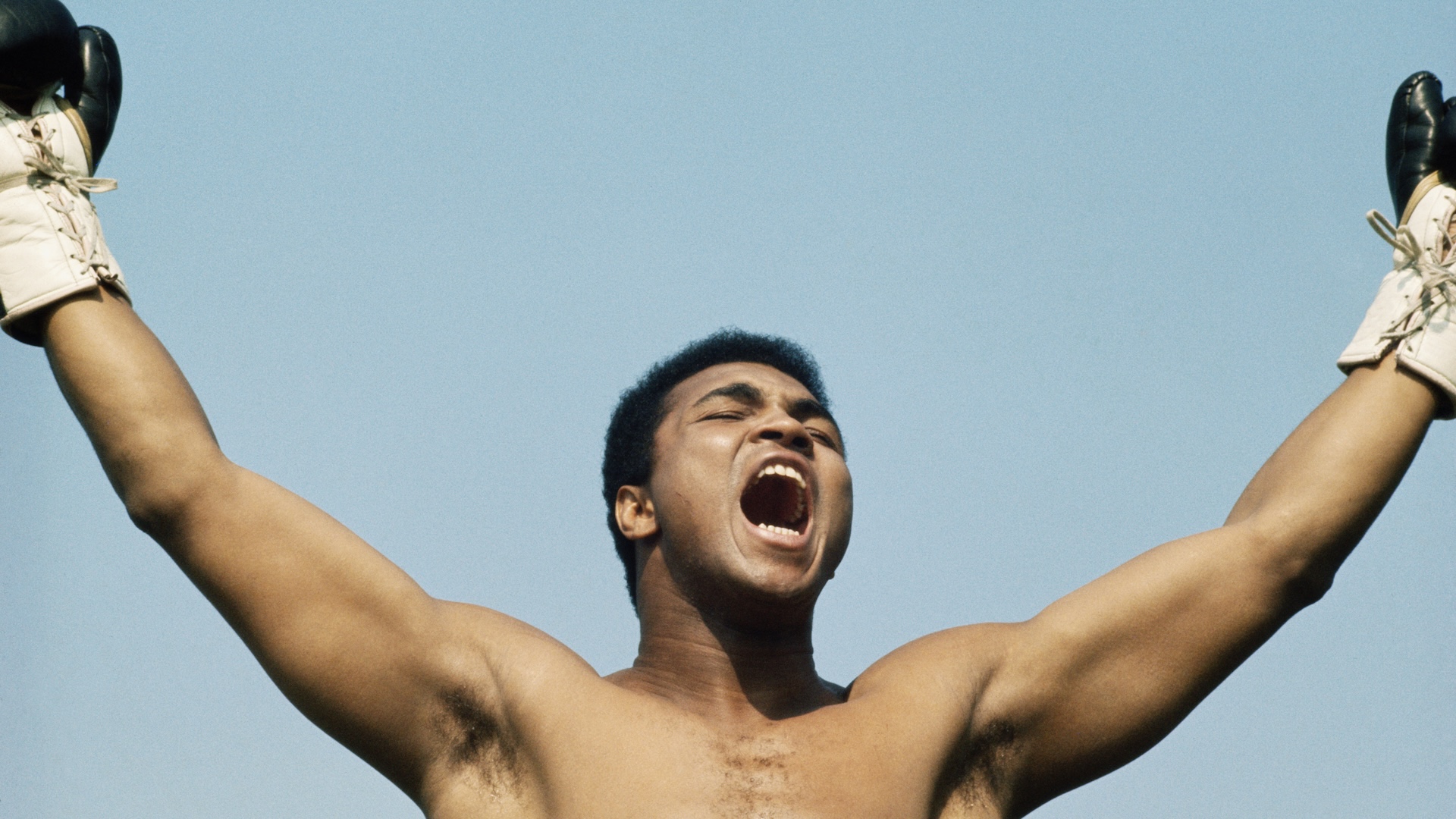World Heavyweight boxing champion Muhammad Ali raises his arms and shouts during training on 10 July 1972 for his fight with Al 'Blue' Lewis held at Croke Park in Dublin, Republic of Ireland.Visions of Sport. (Photo by Don Morley/Allsport/Getty Images)