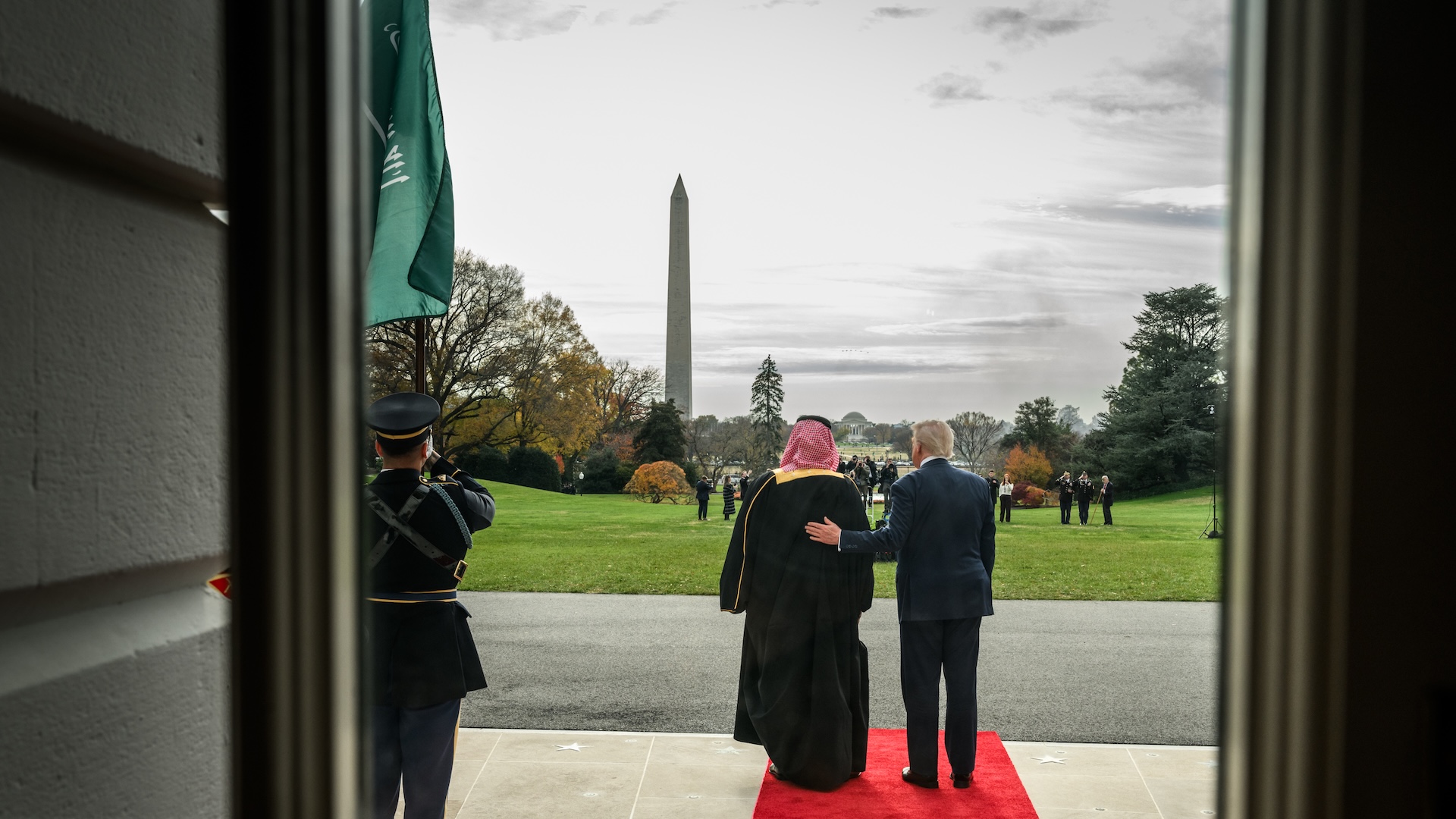 President Donald Trump welcomes Crown Prince and Prime Minister Mohammed bin Salman Al Saud of Saudi Arabia at the South Portico of the White House, Tuesday, November 18, 2025. (Official White House Photo by Joyce N. Boghosian)