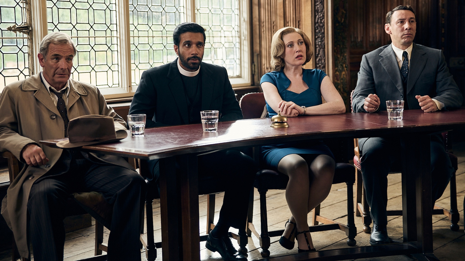 MASTERPIECE Mystery!
Grantchester
The Final Season

Premieres Sunday, June 14, 2026 at 9/8c on PBS

Shown from left to right: Robson Green as Geordie Keating, Rishi Nair as Alphy Kottaram, Melissa Johns as Miss Scott, and Al Weaver as Leonard Finch

For editorial use only.

Courtesy of Kudos and MASTERPIECE